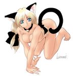  animal_ears bare_feet barefoot bell blonde_hair blue_eyes bow breasts cat_ears collar fang long_hair naked nekomimi no_panties nude ribbon twintails 