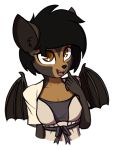  2018 aggie_(artist) anthro black_hair breasts brown_eyes brown_fur chiropteran clothed clothing digital_media_(artwork) dress fangs female fur hair inner_ear_fluff mammal open_mouth pteropodid simple_background smile solo teeth white_background wings 