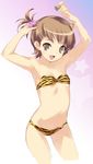  animal_print armpits arms_up bikini brown_eyes brown_hair cosplay flat_chest futami_ami hair_bobbles hair_ornament happy idolmaster idolmaster_(classic) idolmaster_1 kawata_hisashi lum lum_(cosplay) navel oni_horns open_mouth side_ponytail solo swimsuit tiger_print urusei_yatsura 