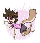  2018 aggie_(artist) anthro brown_fur brown_hair buckteeth clothed clothing digital_media_(artwork) falling flying_squirrel fur hair male mammal open_mouth purple_eyes rodent sciurid shirt shorts simple_background smile solo teeth white_background 