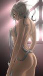  1girl ass breasts brown_eyes closed_mouth hair_between_eyes highres kantai_collection large_breasts musashi_(kantai_collection) nude short_hair_with_long_locks smile solo tama_(seiga46239239) twintails two_side_up window 