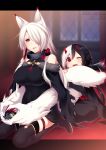  2girls :d animal animal_ears bangs bare_shoulders black_legwear blurry blurry_background blush boots breasts cape claws collar dress eyebrows_visible_through_hair fur_trim hair_over_one_eye horns indoors kneeling konshin large_breasts long_hair looking_at_viewer motion_lines multicolored_hair multiple_girls one_eye_closed open_mouth pixiv_fantasia pixiv_fantasia_last_saga red_eyes slit_pupils smile solo tail tail_hug tail_wagging tattoo thighhighs torn_cape torn_clothes two-tone_hair 