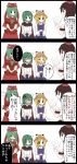  black_border border bow closed_eyes closed_mouth comic hat highres jetto_komusou kagiyama_hina moriya_suwako multiple_girls open_mouth shameimaru_aya speech_bubble touhou translation_request wriggle_nightbug 