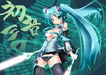  aqua_hair black_panties breasts cameltoe hatsune_miku imazon long_hair medium_breasts necktie open_clothes open_shirt panties pantyshot shirt solo spring_onion sword themed_object thighhighs twintails underwear very_long_hair vocaloid weapon 