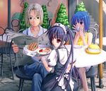  2girls arin food kooh max_(pangya) multiple_girls newspaper pangya pie sandwich waitress yamazaki_karia 