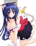  animal_ears blue_hair blush breasts cat_ears cleavage collar colorized earrings gloves jewelry large_breasts long_hair matra_milan noihara_himari official_art omamori_himari panties purple_eyes ribbon solo tail underwear 