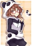  aki_chimaki bike_shorts brown_eyes brown_hair cowboy_shot drawstring glasses hand_in_pocket highres hood hoodie long_sleeves looking_at_viewer looking_back low_twintails panda panda_hood plaid plaid_background red-framed_eyewear semi-rimless_eyewear solo touhou twintails under-rim_eyewear usami_sumireko yellow_background 