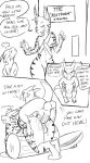  anal anthro anthro_on_anthro anus ass_up balls big_penis bouncing_balls comic dialogue duo felid feline hi_res huge_penis hyper hyper_penis instant_loss kobold lynx male male/male mammal monochrome notactuallyhere outside penis size_difference small_dom_big_sub trash 