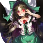  1girl black_feathers black_wings blush bow brown_hair commentary cowboy_shot english_commentary feathered_wings green_bow green_skirt grin hair_bow long_hair piyodesu red_eyes reiuji_utsuho shirt skirt smile solo starry_sky_print third_eye touhou very_long_hair white_shirt wings 