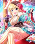  :d blonde_hair blue_eyes fingerless_gloves fur-trimmed_kimono fur_trim garter_straps gloves idolmaster idolmaster_cinderella_girls japanese_clothes kimono microphone official_art ootsuki_yui open_mouth smile thighhighs wavy_hair 