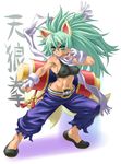  abs animal_ears armpits belt breasts cat_ears clenched_hand covered_nipples crop_top emeralda_(shinrabanshou) fighting_stance fingerless_gloves gloves green_eyes green_hair higuchi_isami medium_breasts midriff muscle pants scarf shinrabanshou shoes sideboob skin_tight solo sports_bra 