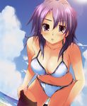  ayase_hikaru beach bikini cloud day original outdoors purple_eyes purple_hair sky solo swimsuit undressing water 