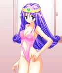  blue_eyes blush breasts circlet cleavage dragon_quest dragon_quest_iii hat leotard long_hair medium_breasts navel non-web_source pink_leotard purple_hair revealing_swimsuit_(dq) sage_(dq3) solo 