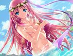  armlet artist_request blue_eyes blush breast_hold breasts cloud covering day elf game_cg hair_ornament hair_ribbon head_wreath long_hair medium_breasts navel nude pink_hair pointy_ears ribbon sky solo very_long_hair water wonderland_online 