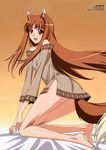  absurdres animal_ears ass bangs bare_legs bare_shoulders barefoot bed_sheet blush breasts brown_hair dress feet floating_hair from_side full_body gradient gradient_background happy highres holo kneeling kneepits kuroda_kazuya leaning_forward legs long_hair long_sleeves looking_at_viewer looking_back off_shoulder official_art on_bed open_mouth parted_bangs red_eyes scan short_dress side_slit sidelocks small_breasts smile solo spice_and_wolf tail v_arms very_long_hair wolf_ears wolf_tail 