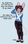  anthro black_pants clothed clothing dialogue female flag fully_clothed green_eyes hair leotard maisie_whisk mammal mouse rodent scottish short_hair siden simple_background smile solo wick_(artist) 