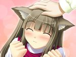  :3 animal_ears batch blush brown_hair cat_ears eyes_closed female hair long_hair petting smile 