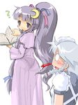  ? ahoge alternate_hairstyle blood blush book braid crescent crescent_hair_ornament hair_ornament hair_ribbon hoshino_darts izayoi_sakuya long_hair looking_back maid maid_headdress multiple_girls nosebleed o_o patchouli_knowledge ponytail purple_eyes purple_hair ribbon see-through silver_hair simple_background touhou very_long_hair 