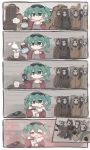  1girl 6+others animal_ears aqua_eyes blush brick_wall cellphone chibi chimney chopsticks comic commentary commentary_request cup_ramen earrings eating eyes_closed eyewear_on_head flower gaijin_4koma hatsune_miku highres hood hoodie horns jacket jewelry kaimo_(mi6kai) kettle multiple_others phone skull_mask smartphone spaghetti_strap steam suna_no_wakusei_(vocaloid) sunglasses sweater vocaloid 