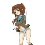  bad_id bad_pixiv_id brown_eyes brown_hair cardigan crossed_arms embarrassed genderswap genderswap_(mtf) gm kita_high_school_uniform kyonko long_hair no_pants panties ponytail school_uniform serafuku solo striped striped_panties suzumiya_haruhi_no_yuuutsu underwear 