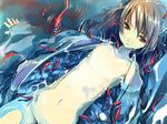  bad_id bad_pixiv_id brown_hair copyright_request fish flat_chest goldfish highres japanese_clothes kaimuari kimono long_hair lying no_panties open_clothes solo water 