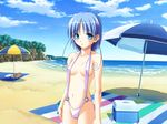  :o ahoge back bag bangs beach beach_towel beach_umbrella blue_eyes blue_hair blush breasts cameltoe chu_x_chu_idol cliff cloud cooler covered_nipples cowboy_shot curly_hair day embarrassed game_cg hiyori_pixie looking_at_viewer navel o-ring o-ring_bottom o-ring_swimsuit ocean open_mouth outdoors ozawa_akifumi parted_bangs shade short_hair sideboob sidelocks sky slingshot_swimsuit small_breasts solo standing striped swimsuit tachi-e thigh_gap towel umbrella water white_swimsuit 