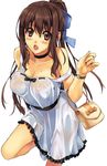  bag breasts brown_eyes brown_hair dress handbag hands huge_breasts long_hair luna_(reclaimed_land) nipples open_mouth original ponytail ribbon see-through solo watch wet wet_clothes wristwatch 