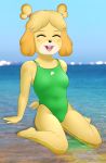  2019 5_fingers absurd_res animal_crossing anthro big_breasts biped black_nose blush breasts buffbumblebee_(artist) canid canine canis clothed clothing digital_drawing_(artwork) digital_media_(artwork) domestic_dog eyebrows eyelashes female front_view fur hair hi_res isabelle_(animal_crossing) kneeling mammal multicolored_fur nintendo one-piece_swimsuit open_mouth outside partially_submerged pigtails seaside shih_tzu smile solo sport_swimsuit swimsuit tight_clothing toes tongue video_games water yellow_fur 