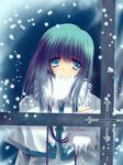  aoi_yuuji blue_eyes blue_hair blush copyright_request from_outside fur_collar fur_trim glass long_hair looking_at_viewer looking_out_window poncho snow snowing solo upper_body window winter winter_clothes 