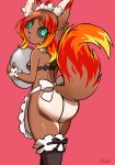  2018 ahoge anthro big_butt black_sclera breasts butt canid canine canis caradhina clothed clothing digital_media_(artwork) digitigrade embers female fire fur garter_belt garter_straps hair hi_res kittell_(artist) looking_back maid_uniform mammal open_mouth solo standing thick_thighs uniform 