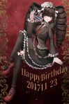  1girl 2017 bangs black_hair black_jacket black_legwear black_nails black_skirt blunt_bangs boots bow card celestia_ludenberck danganronpa danganronpa_1 drill_hair eyebrows_visible_through_hair frilled_legwear frilled_skirt frilled_sleeves frills full_body gothic_lolita hair_bow happy_birthday headdress high_heel_boots high_heels holding holding_card invisible_chair jacket kneehighs layered_skirt lolita_fashion long_hair long_sleeves looking_at_viewer medium_skirt nail_polish necktie print_neckwear red_background red_eyes red_footwear red_neckwear ribbon ribbon-trimmed_legwear ribbon_trim sakuyu sitting skirt solo twin_drills twintails very_long_hair white_bow white_ribbon 