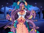  arms_up artist_request breasts cleavage eyes_visible_through_hair hair_over_one_eye huge_breasts lamia living_hair long_hair looking_at_viewer midriff monster_girl non-web_source purple_hair red_eyes scales shoujo_senki_soul_eater snake snake_hair solo unbuttoned very_long_hair 