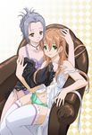  adjusting_hair arm_grab bangs bra buttons chair checkered checkered_background dress green_eyes green_panties hair_bun hair_ornament hairclip hand_on_another's_head handa_shinobu hug jewelry lace lace-trimmed_panties lingerie long_hair lowres mizuki_(ms_pictures) multiple_girls naitou_momoko navel necklace no_pants off_shoulder official_art open_clothes open_shirt orange_hair panties pendant ponytail purple_bra purple_panties reference_work shirt short_hair shoujo_sect side-tie_panties silver_hair sitting sitting_on_lap sitting_on_person smile strap_slip sundress thighhighs unbuttoned underwear undressing white_legwear yellow_eyes yuri 