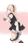  1girl animal apron bangs blonde_hair blue_eyes blush braid cat closed_mouth eyebrows_visible_through_hair frills from_side g36_(girls_frontline) girls_frontline hanging holding holding_animal holding_cat long_hair maid maid_apron maid_headdress multicolored multicolored_background short_sleeves shuzi simple_background skirt solo sweat 