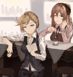  2girls absurdres apron black_pants blonde_hair blue_eyes book bow brown_apron brown_bow brown_hair cup dress_shirt eyebrows_visible_through_hair g36_(girls_frontline) girls_frontline green_eyes grey_shirt grin hair_bow highres holding holding_cup holding_spoon indoors long_hair long_sleeves looking_at_viewer m1903_springfield_(girls_frontline) multiple_girls neck_ribbon one_eye_closed open_book pants ponytail reading red_ribbon ribbon shirt short_hair smile spoon teacup tuan_yi 