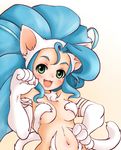  animal_ears big_hair blue_hair blush breasts cat_ears cat_tail fangs felicia fur green_eyes hand_on_hip long_hair medium_breasts navel open_mouth paw_pose paws setouchi_kurage solo tail vampire_(game) 