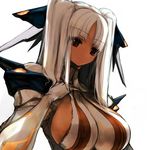  breasts huge_breasts light_smile long_hair looking_down mecha_musume original pupps red_eyes sideboob silver_hair smile solo twintails upper_body white_hair 