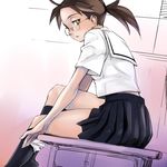  brown_eyes brown_hair copyright_request desk glasses panties ponytail school_desk school_uniform short_hair sitting skirt socks solo underwear undressing yurikawa 