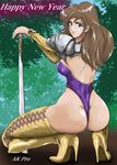 armor artist_request ass boots breasts brown_hair high_heel_boots high_heels highleg highleg_leotard lace-up_thighhighs large_breasts legs leotard long_hair looking_back lupin_iii mine_fujiko new_year purple_leotard shoes sideboob smile solo squatting sword thigh_boots thighhighs thighs thong_leotard weapon 