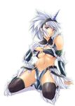  bandeau blue_eyes breasts earrings elbow_gloves fuyuwa_kotatsu gloves hairband horn jewelry kirin_(armor) large_breasts midriff monster_hunter navel solo strapless thighhighs tubetop underboob white_hair 
