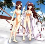  artist_request barefoot blush breasts brown_hair censored closed_fan day dual_wielding dutch_angle fan flabellum_euri_&amp;_flabellum_australe folding_fan holding japanese_clothes konoe_konoka long_hair mahou_sensei_negima! multiple_girls nipples nude ocean one_eye_closed outdoors palm_tree robe sakurazaki_setsuna sica_shishikushiro small_breasts sword tree weapon 