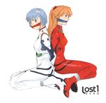  arms_behind_back ayanami_rei bdsm blue_hair bodysuit bondage bound cleave_gag cloth_gag gag gagged improvised_gag lost_one_zero multiple_girls neon_genesis_evangelion plugsuit souryuu_asuka_langley white_bodysuit 