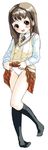  blush brown_hair copyright_request happy inuburo long_hair panties red_eyes skirt skirt_lift socks solo underwear 