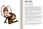  all_fours antennae blush brown_eyes brown_hair bug character_profile cockroach devil_bug english hard_translated insect insect_girl insect_wings kenkou_cross monster_girl monster_girl_encyclopedia official_art skirt solo thighhighs translated wings 