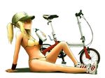  bad_id bad_pixiv_id baseball_cap bicycle bikini blonde_hair drink exhausted folding_bicycle green_eyes ground_vehicle hat long_hair oomori_harusame original ponytail shoes sitting sneakers solo sweat swimsuit tall_bicycle 