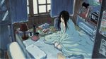  1girl black_eyes black_hair blanket full_body futon hair_over_one_eye highres hikikomori indoors kneeling komori_kiri outdoors sayonara_zetsubou_sensei scan tatami under_covers usui_kagerou window 