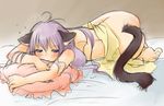  animal_ears blush copyright_request frilled_pillow frills long_hair lying nude pillow purple_eyes purple_hair setouchi_kurage sleepy solo tail 