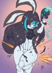  anthro clothed clothing cybernetics cyborg female gun hair hair_over_eye lagomorph long_hair machine mammal rabbit ranged_weapon smile solo thefuckingdevil thick_thighs weapon wide_hips 
