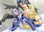  black_eyes black_hair blush kakizaki_megu kamatori_pokari key multiple_girls open_clothes open_shirt pajamas panties purple_eyes rozen_maiden saliva shirt silver_hair suigintou underwear winding_key wings 