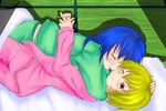  artist_request blanket blonde_hair blue_hair furude_rika futon higurashi_no_naku_koro_ni houjou_satoko hug licking long_hair multiple_girls pajamas shadow short_hair tatami yuri 